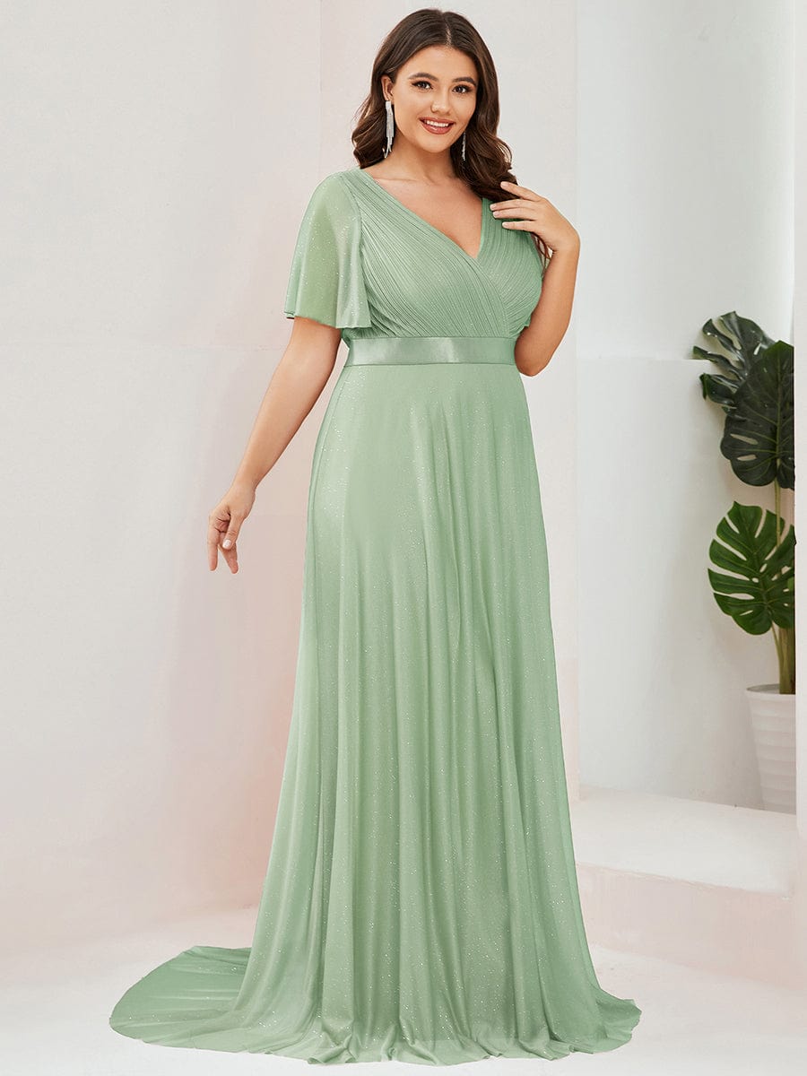 Classic Plus Size V-Neck A-Line Formal Evening Dress with Sash