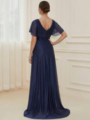 Sparkly A-Line Short Sleeves V-Neck Wedding Guest Dress