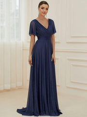 Sparkly A-Line Short Sleeves V-Neck Wedding Guest Dress