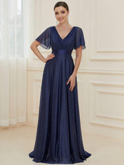 Fancy A-Line V-Neck Short Sleeves Bridesmaid Dress