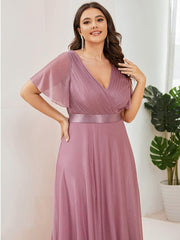 Sparkly A-Line Short Sleeves V-Neck Wedding Guest Dress