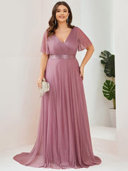 Classic Plus Size V-Neck A-Line Formal Evening Dress with Sash