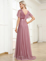 Sparkly A-Line Short Sleeves V-Neck Wedding Guest Dress