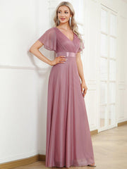 Sparkly A-Line Short Sleeves V-Neck Wedding Guest Dress