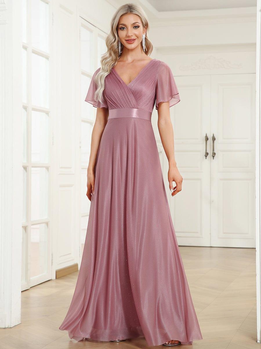 Sparkly A-Line Short Sleeves V-Neck Wedding Guest Dress