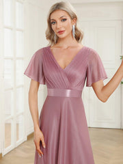 Sparkly A-Line Short Sleeves V-Neck Wedding Guest Dress