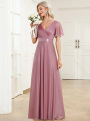 Sparkly A-Line Short Sleeves V-Neck Wedding Guest Dress