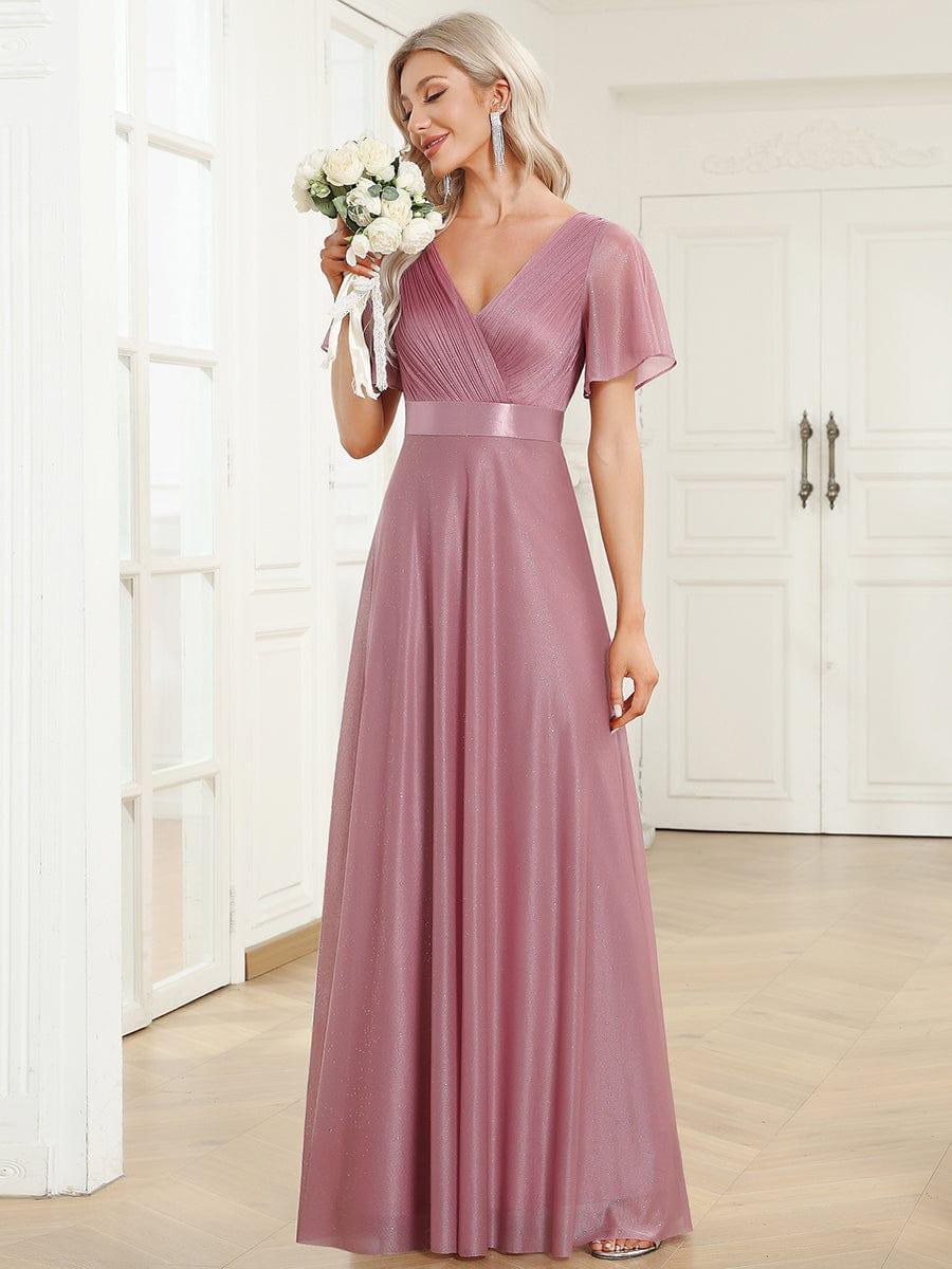 Sparkly A-Line Short Sleeves V-Neck Wedding Guest Dress