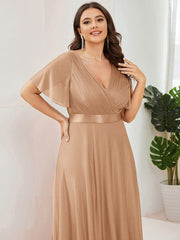 Classic Plus Size V-Neck A-Line Formal Evening Dress with Sash