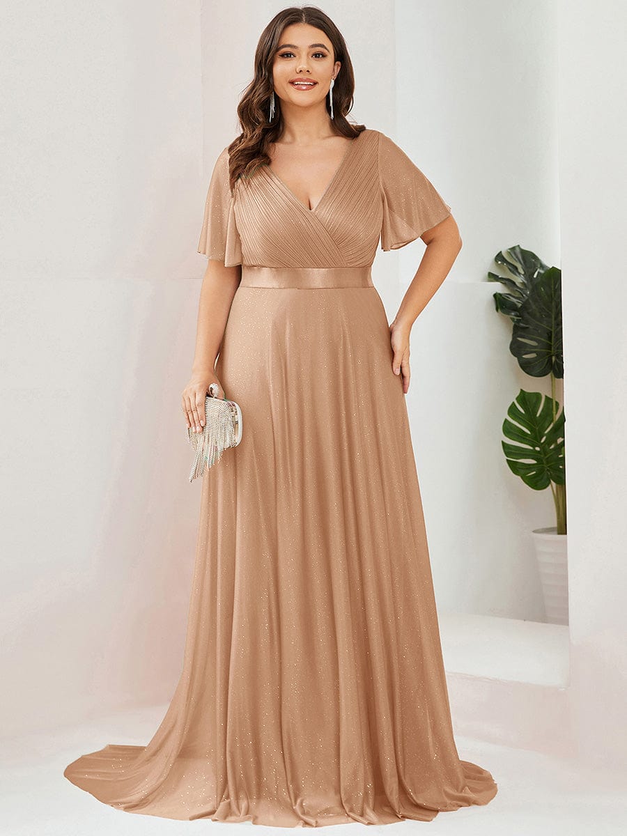 Classic Plus Size V-Neck A-Line Formal Evening Dress with Sash