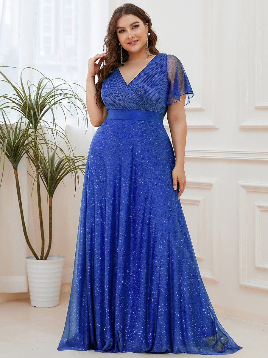 Classic Plus Size V-Neck A-Line Formal Evening Dress with Sash