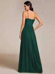 Shiny Floor-Length Spaghetti Straps Formal Evening Dress with V-Neck