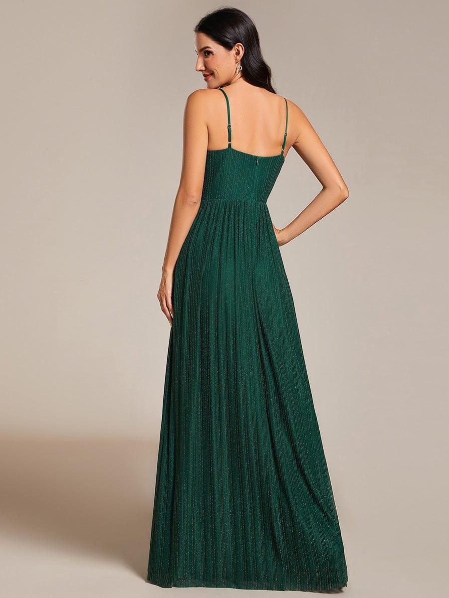 Shiny Floor-Length Spaghetti Straps Formal Evening Dress with V-Neck