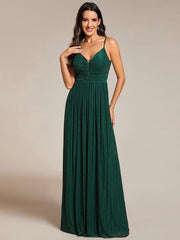 Shiny Floor-Length Spaghetti Straps Formal Evening Dress with V-Neck