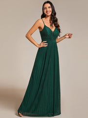 Shiny Floor-Length Spaghetti Straps Formal Evening Dress with V-Neck