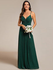 Shiny Floor-Length Spaghetti Straps Formal Evening Dress with V-Neck