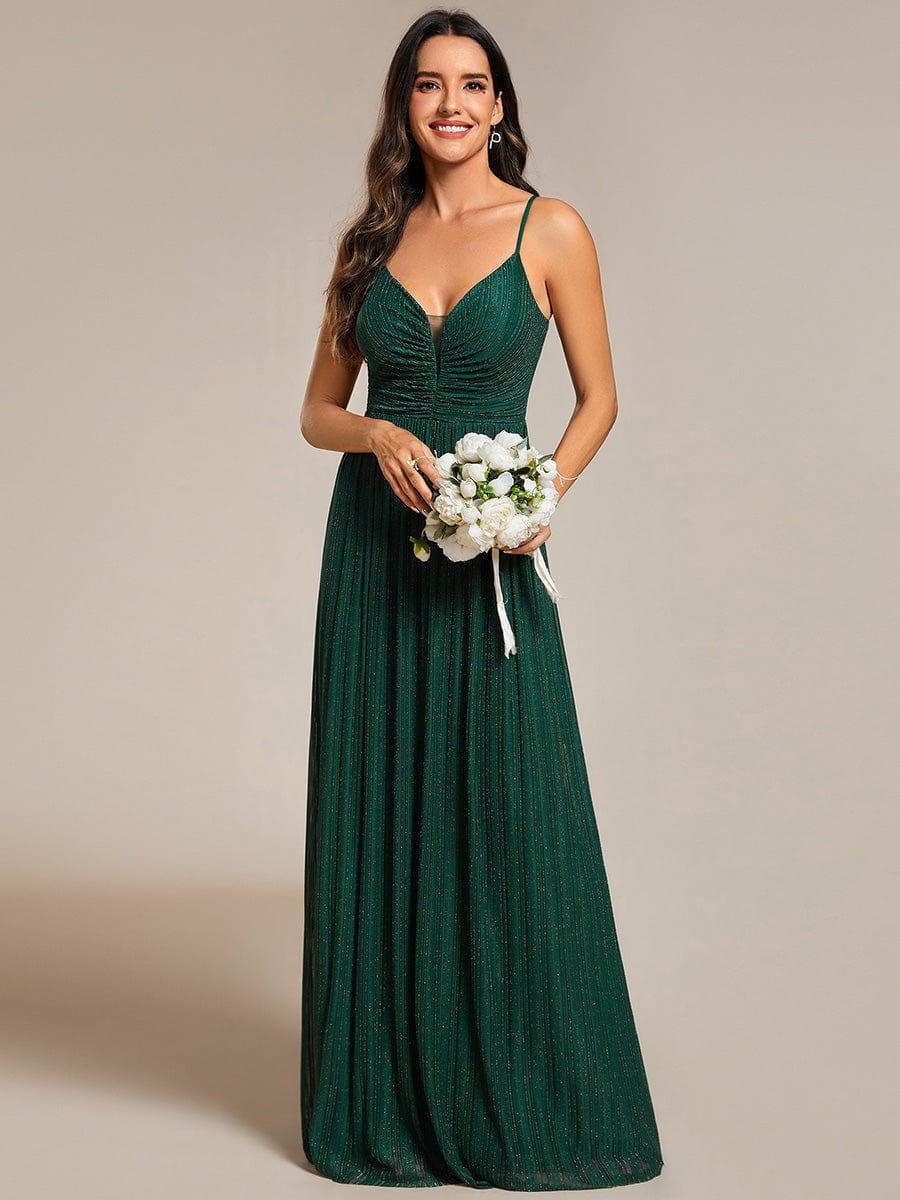 Shiny Floor-Length Spaghetti Straps Formal Evening Dress with V-Neck