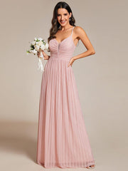 Shiny Floor-Length Spaghetti Straps Formal Evening Dress with V-Neck