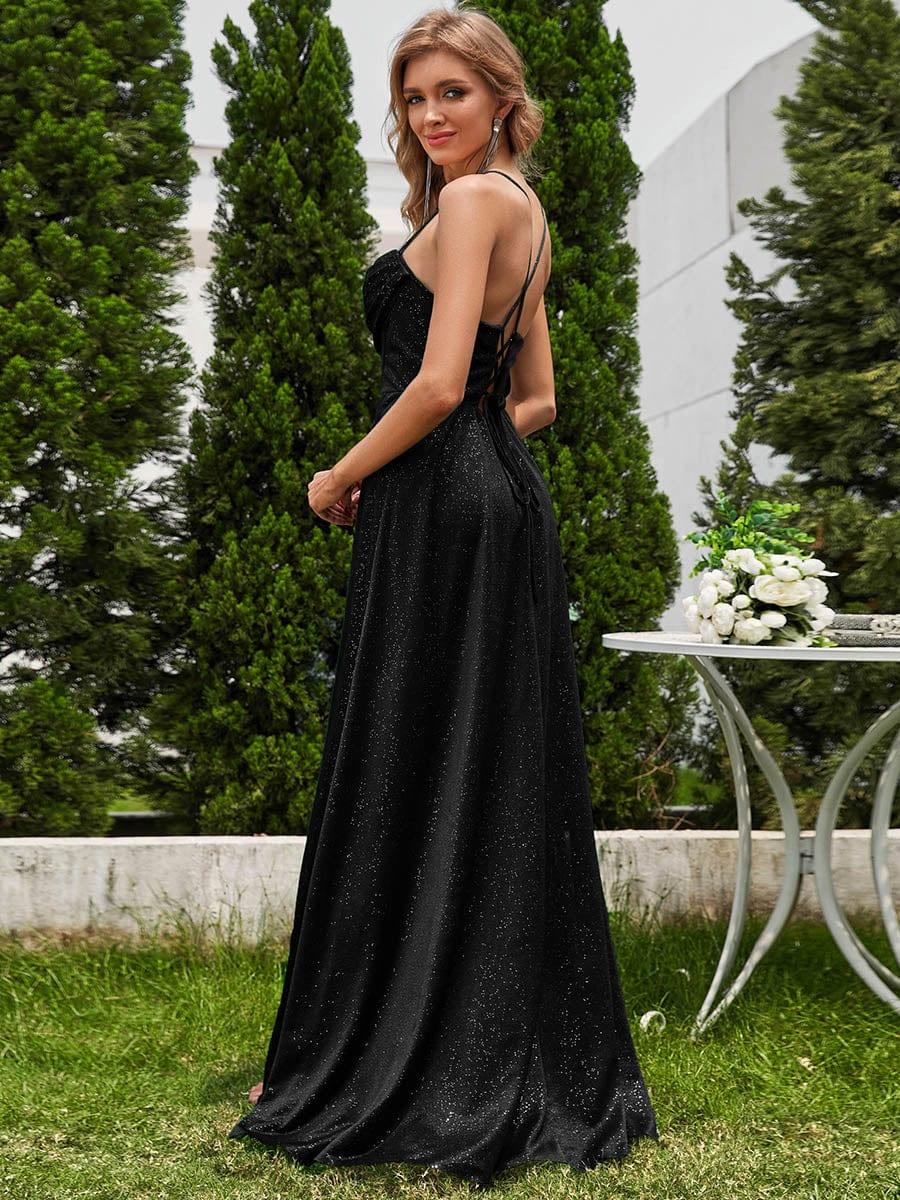 Sparkly Sleeveless Cowl Neck A-Line Evening Dress with Slit