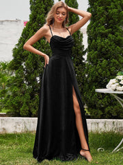 Sparkly Sleeveless Cowl Neck A-Line Evening Dress with Slit