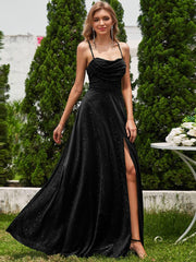 Sparkly Sleeveless Cowl Neck A-Line Evening Dress with Slit