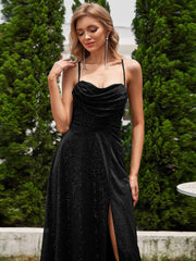Sparkly Sleeveless Cowl Neck A-Line Evening Dress with Slit