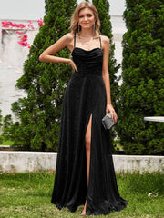 Sparkly Sleeveless Cowl Neck A-Line Evening Dress with Slit