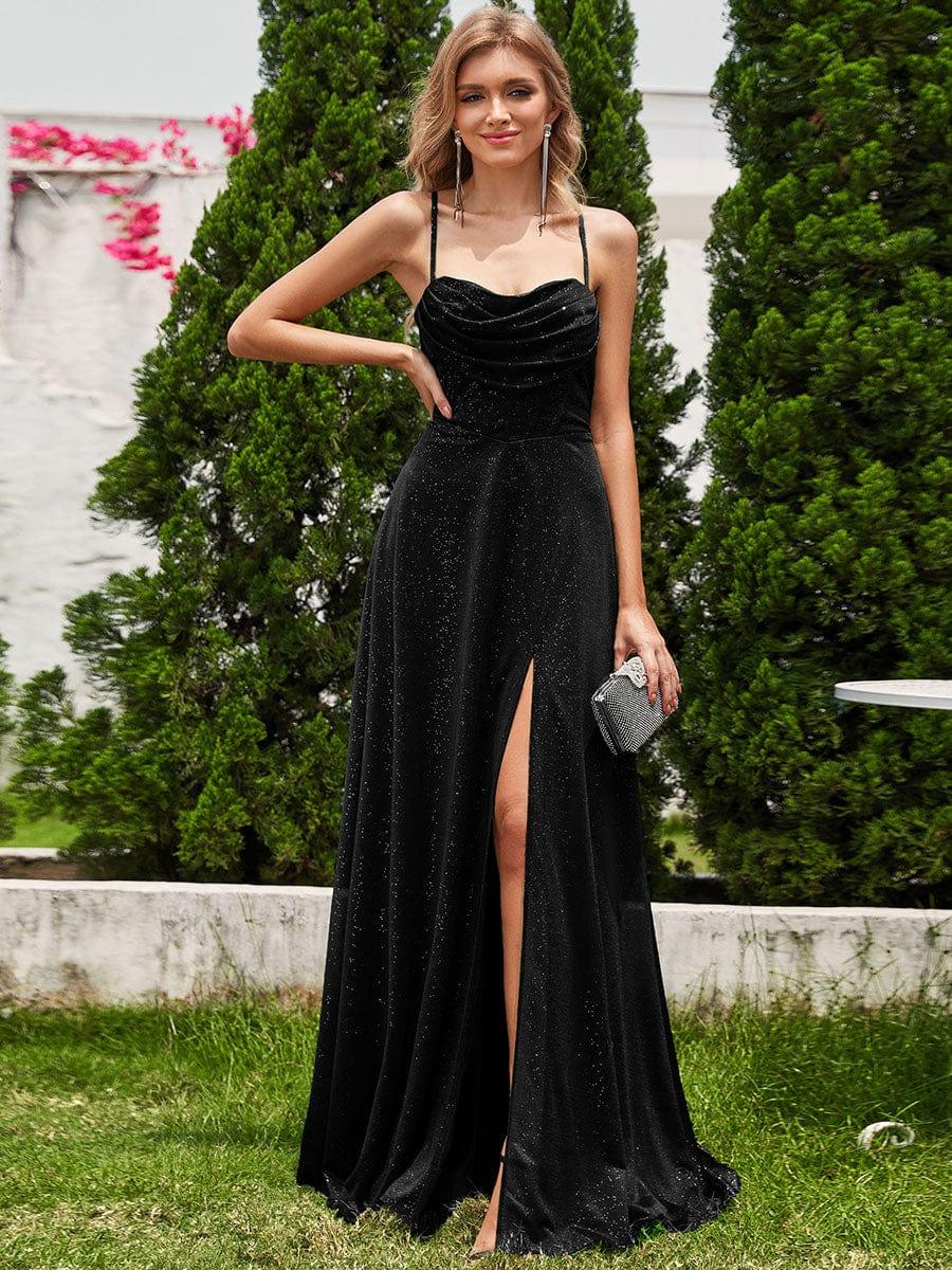 Sparkly Sleeveless Cowl Neck A-Line Evening Dress with Slit