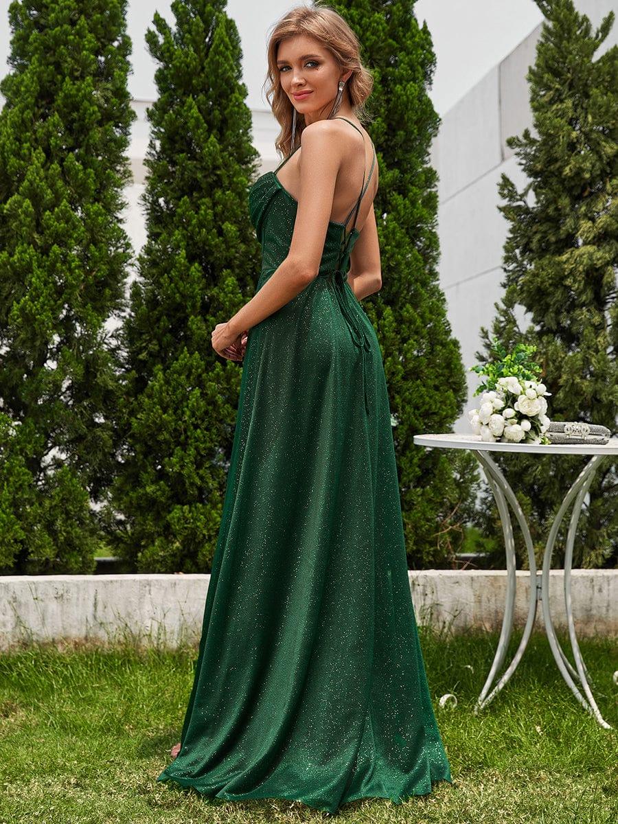 Sparkly Sleeveless Cowl Neck A-Line Evening Dress with Slit