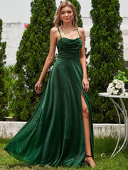 Sparkly Sleeveless Cowl Neck A-Line Evening Dress with Slit