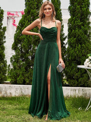 Sparkly Sleeveless Cowl Neck A-Line Evening Dress with Slit