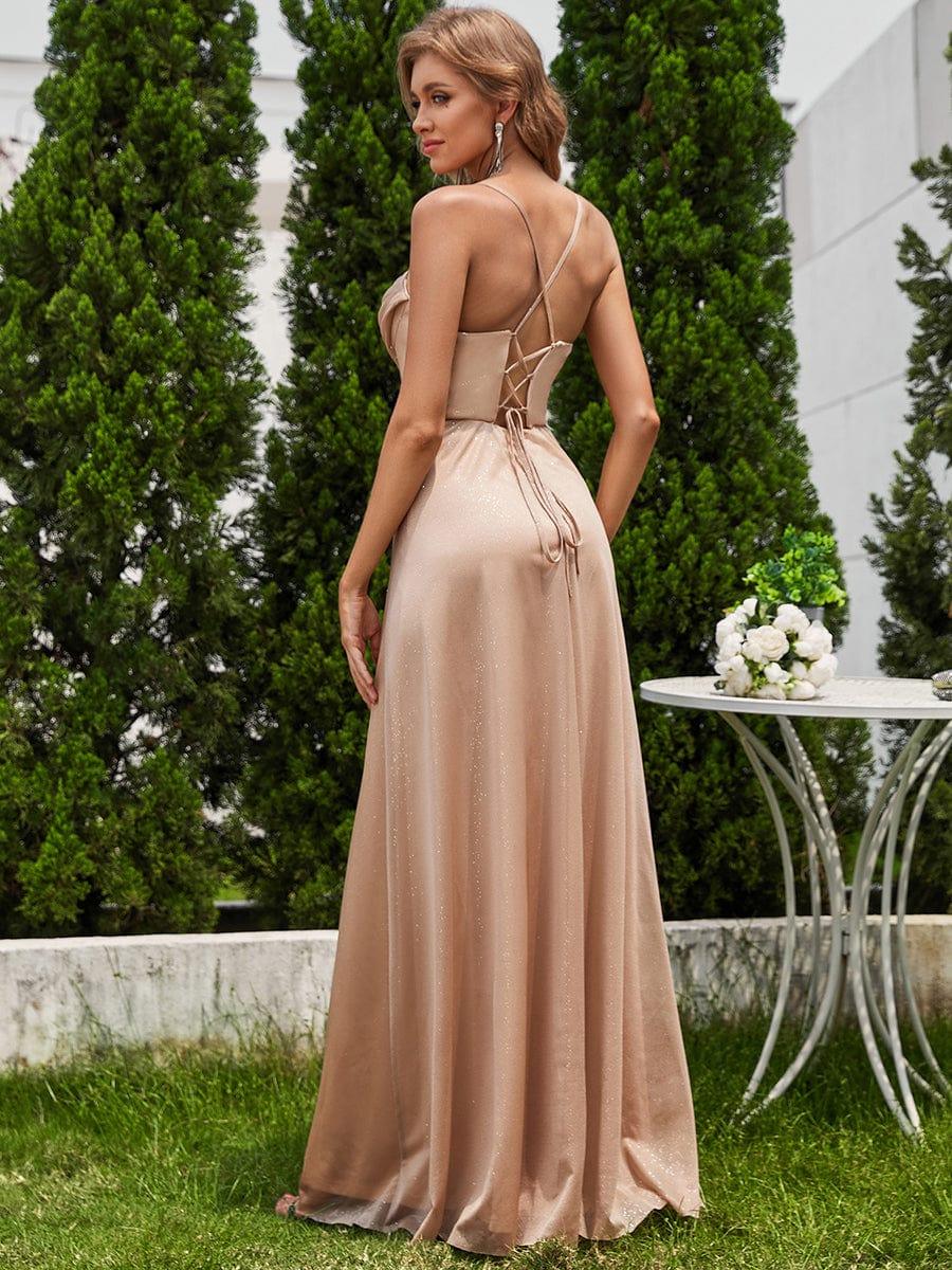 Sparkly Sleeveless Cowl Neck A-Line Evening Dress with Slit