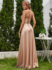 Sparkly Sleeveless Cowl Neck A-Line Evening Dress with Slit