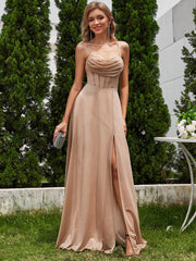 Sparkly Sleeveless Cowl Neck A-Line Evening Dress with Slit