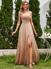 Sparkly Sleeveless Cowl Neck A-Line Evening Dress with Slit