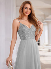 Modern A-Line V-Neck Sequin Backless Formal Evening Dress