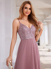 Modern A-Line V-Neck Sequin Backless Formal Evening Dress
