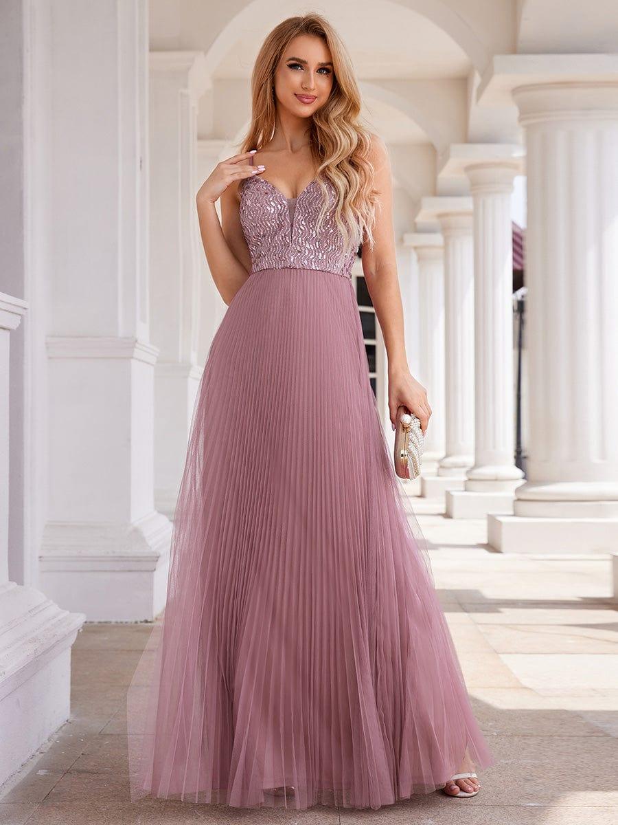Modern A-Line V-Neck Sequin Backless Formal Evening Dress