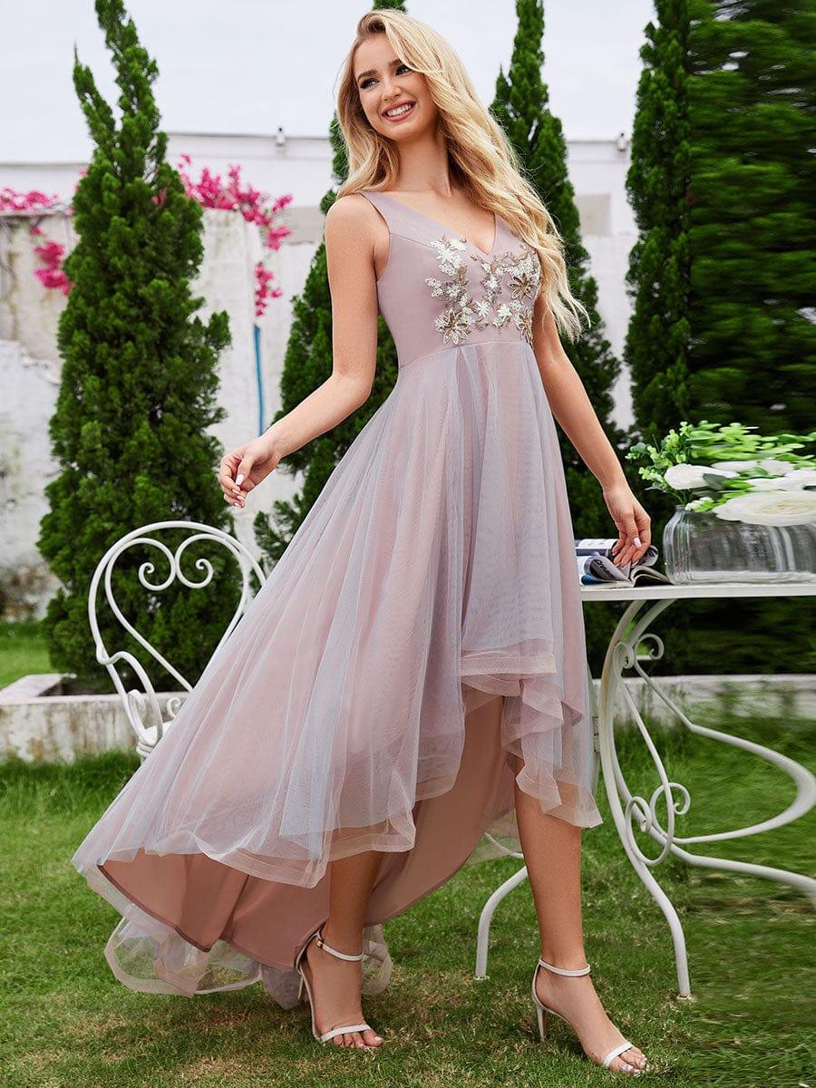 Chic Hi-Lo Sleeveless V-Neck Tulle Evening Dress with Embroidered Appliques