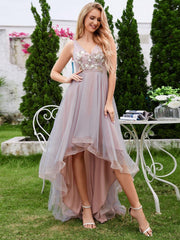 Chic Hi-Lo Sleeveless V-Neck Tulle Evening Dress with Embroidered Appliques