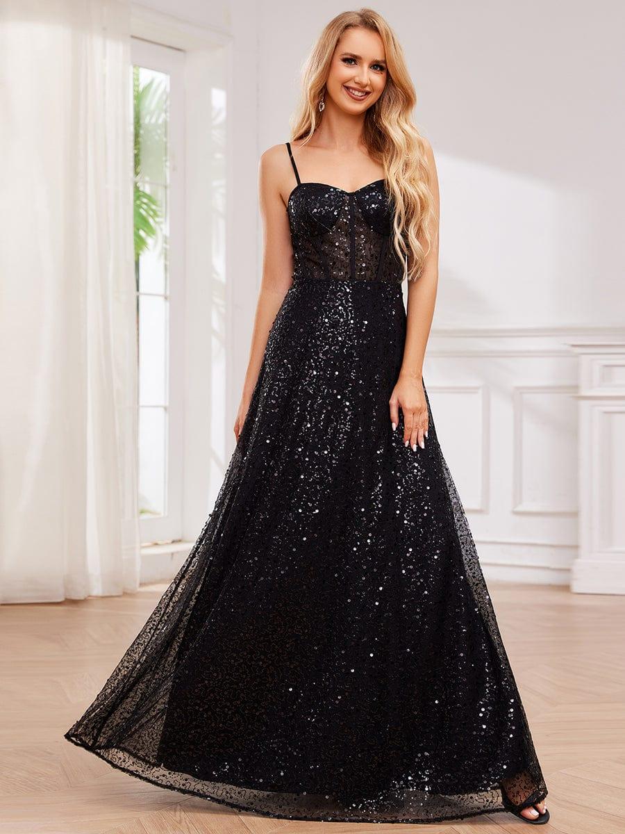 Bold Sequin See-Through Formal Evening Dress with Spaghetti Straps