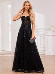 Bold Sequin See-Through Formal Evening Dress with Spaghetti Straps