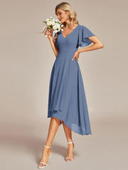 Gorgeous Flowing Chiffon V-Neck A-Line Bridesmaid Dress with Ruffle Sleeves