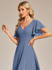 Gorgeous Flowing Chiffon V-Neck A-Line Bridesmaid Dress with Ruffle Sleeves