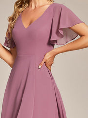 Gorgeous Flowing Chiffon V-Neck A-Line Bridesmaid Dress with Ruffle Sleeves