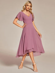 Gorgeous Flowing Chiffon V-Neck A-Line Bridesmaid Dress with Ruffle Sleeves