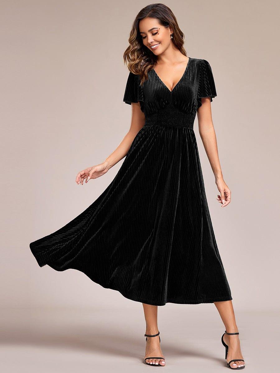 Delicate V-Neck A-Line Fall Velvet Wedding Guest Dress with Short Sleeves
