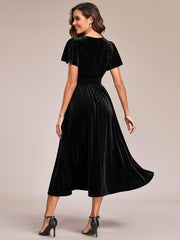 Delicate V-Neck A-Line Fall Velvet Wedding Guest Dress with Short Sleeves