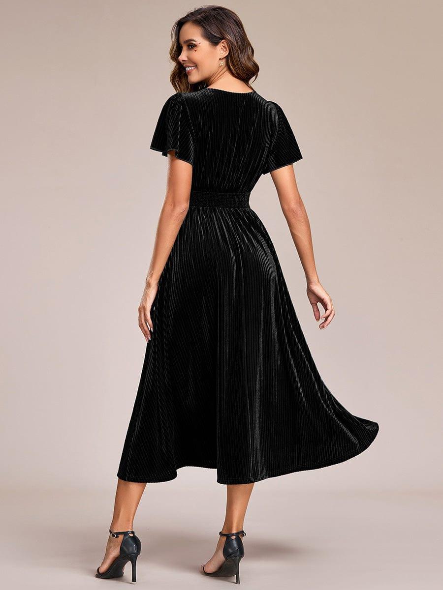 Delicate V-Neck A-Line Fall Velvet Wedding Guest Dress with Short Sleeves