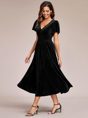 Delicate V-Neck A-Line Fall Velvet Wedding Guest Dress with Short Sleeves